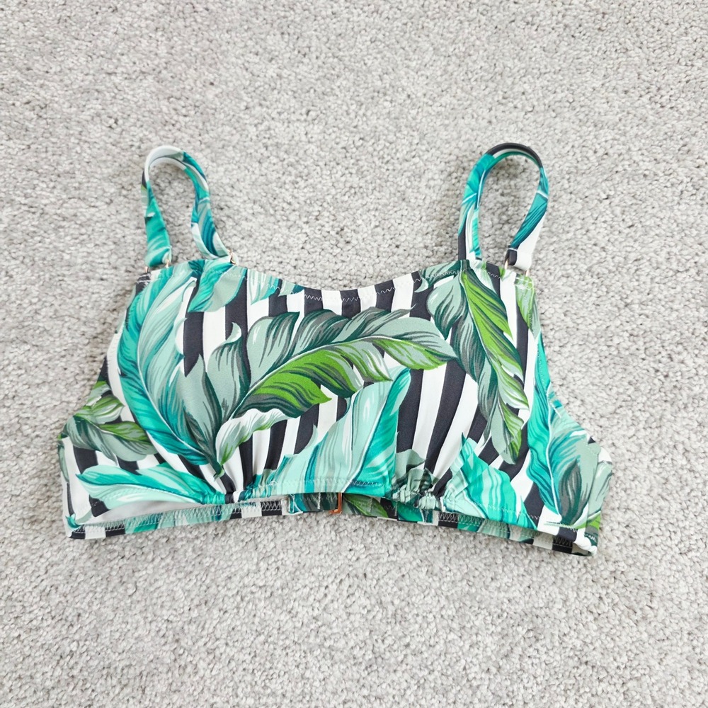 Shade & Shore Bikini Top Womens 32B Green Tropical Palm Striped Underwire Beach